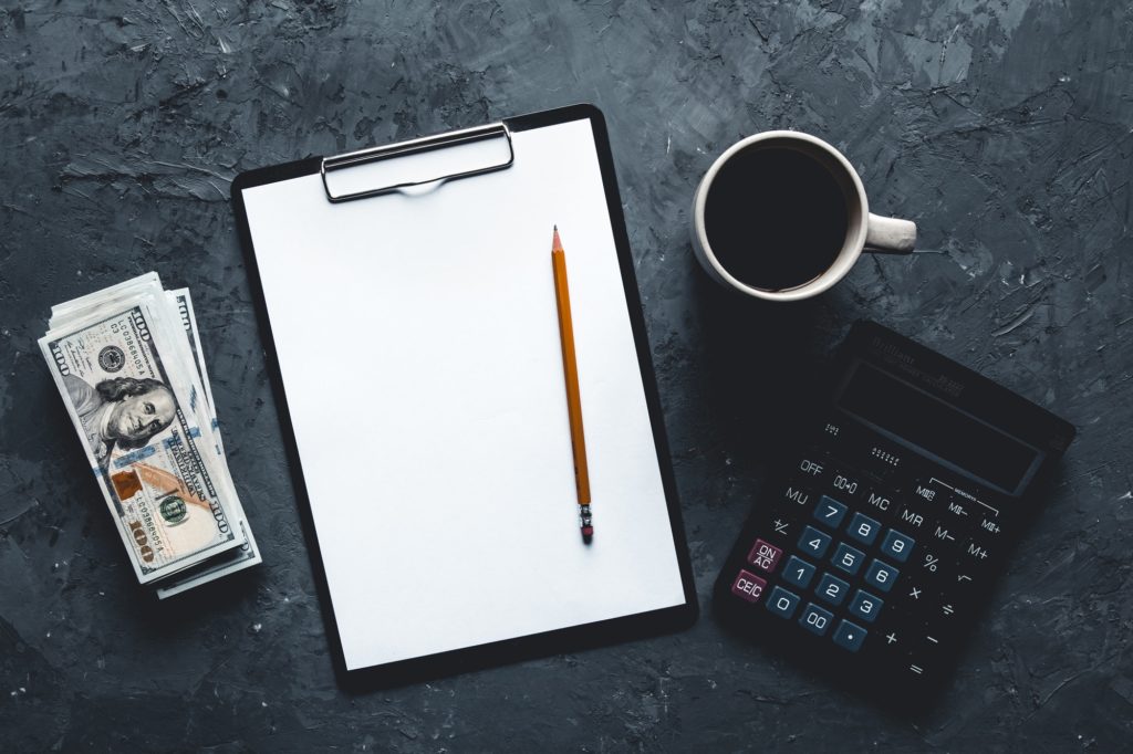 Business money and calculator concept, and note